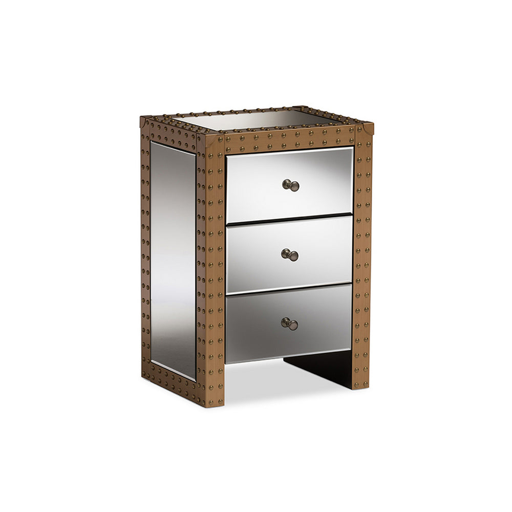 Urban Designs Glasgow Rustic Industrial Style 3-Drawer Mirrored Nightstand