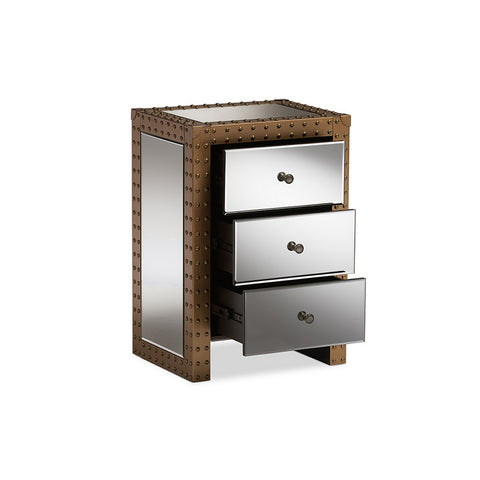 Urban Designs Glasgow Rustic Industrial Style 3-Drawer Mirrored Nightstand