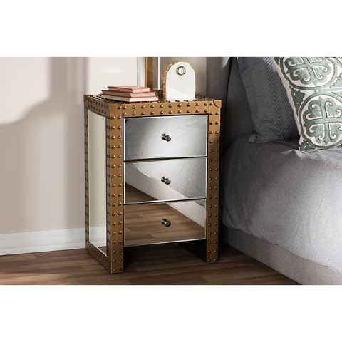 Urban Designs Glasgow Rustic Industrial Style 3-Drawer Mirrored Nightstand