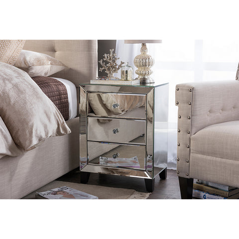 Urban Designs Bristol Modern Mirrored 3-Drawers Nightstand Bedside Table