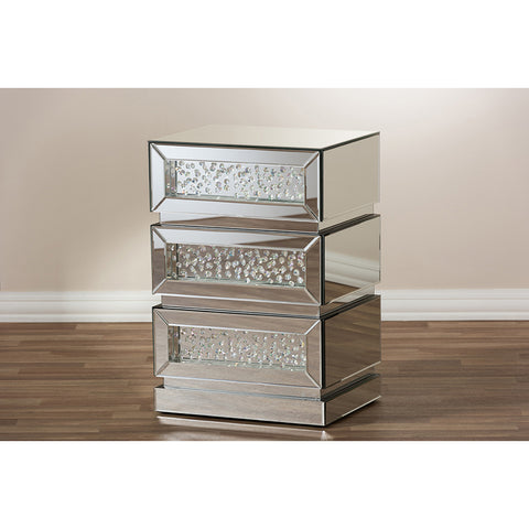 Urban Designs Rotterdam Glamour Style Mirrored 3-Drawer Nightstand