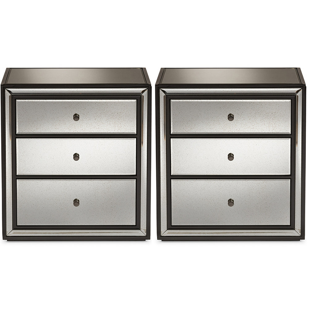 Urban Designs Petersburg 3-Drawer Mirrored Nightstand, Set of 2