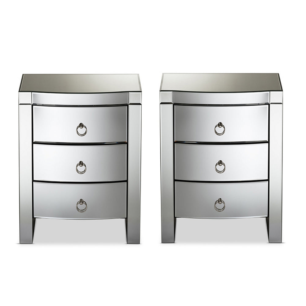Urban Designs Athens Glamour Style Mirrored 3-Drawer Nightstand, Set of 2