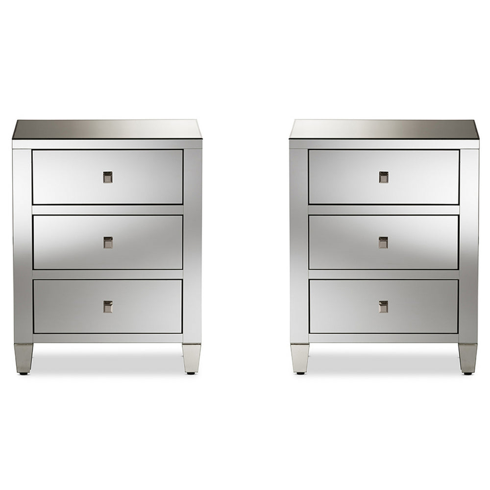 Urban Designs Madrid Glamour Style Mirrored 3-Drawer Nightstand, Set of 2
