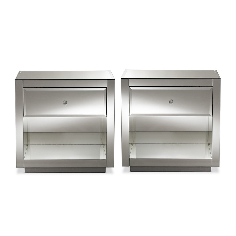 Urban Designs Porto Glamour Style Mirrored 1-Drawer 1-Shelf Nightstand, Set of 2