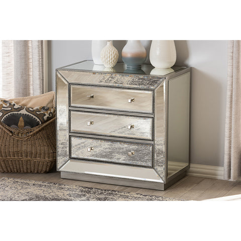 Urban Designs Kiev Glamour Style Mirrored 3-Drawer Chest