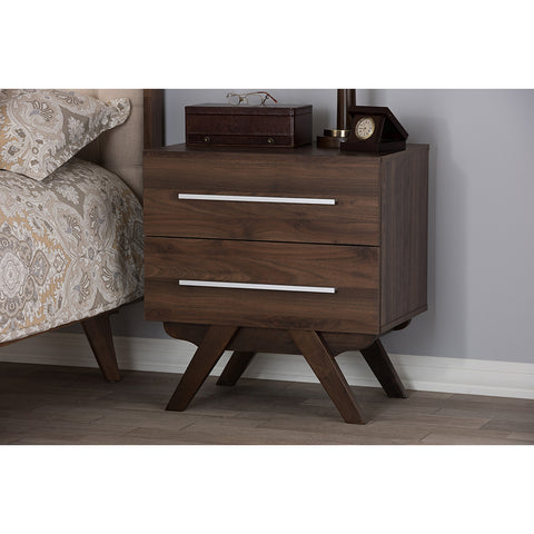 Urban Designs Auburn Mid-Century Walnut Brown Finished Wood 2-Drawer Nightstand