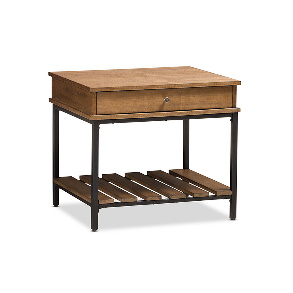 Urban Designs Newcastle Oak Brown Finished Wood Black Metal End Table