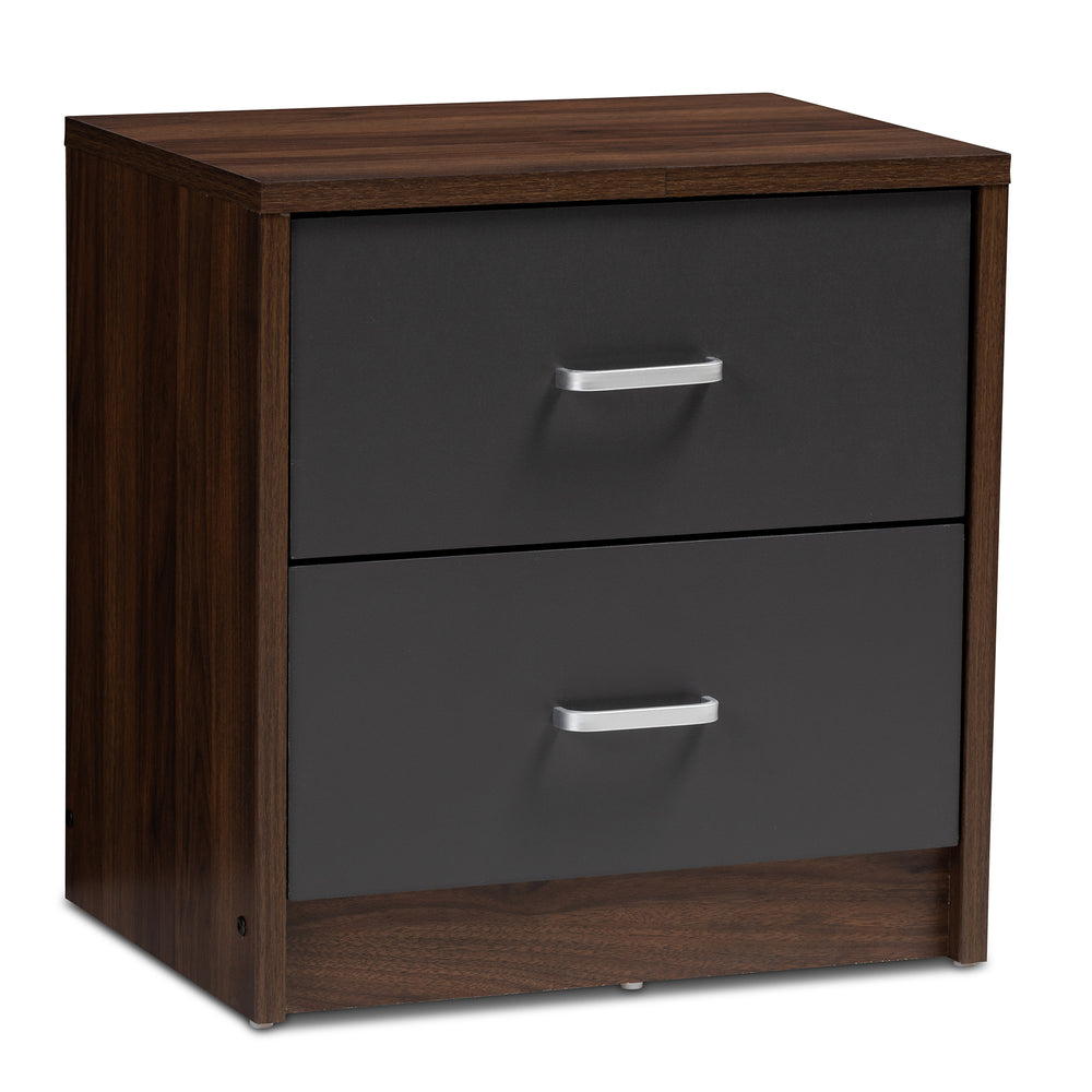 Urban Designs Dennis 2-Drawer Wooden Nightstand in Walnut Brown & Dark Grey Finish