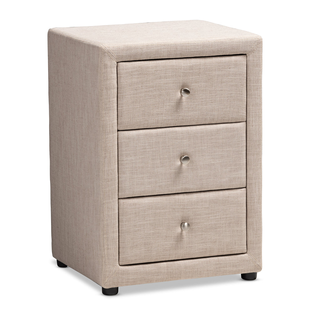 Urban Designs Haley Fabric Upholstered 3-Drawer Nightstand in Beige Finish
