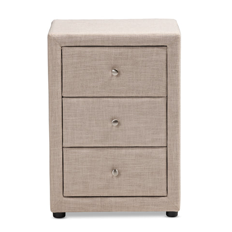 Urban Designs Haley Fabric Upholstered 3-Drawer Nightstand in Beige Finish