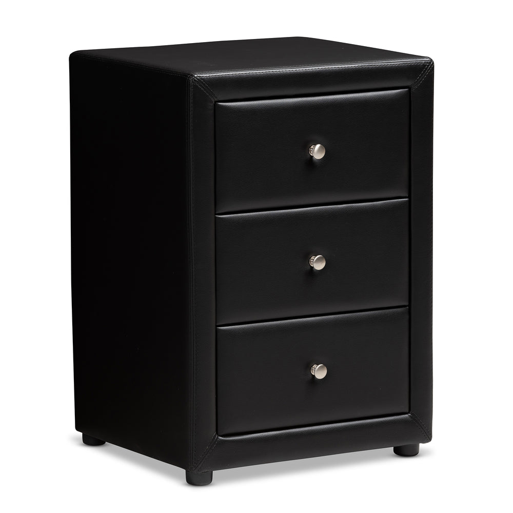 Urban Designs Haley Faux Leather Upholstered 3-Drawer Nightstand in Black Finish
