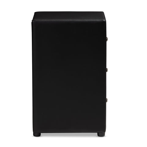 Urban Designs Haley Faux Leather Upholstered 3-Drawer Nightstand in Black Finish