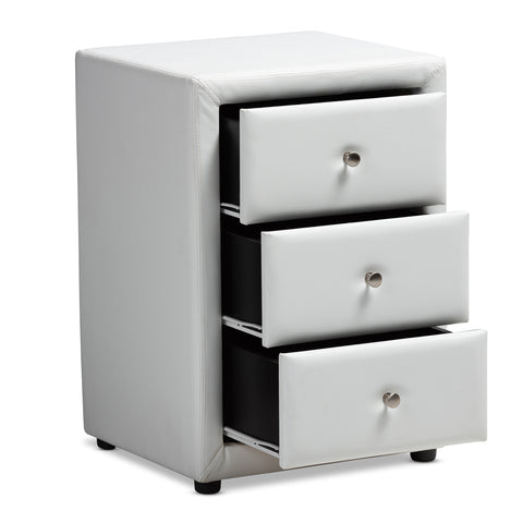 Urban Designs Haley Faux Leather Upholstered 3-Drawer Nightstand in White Finish