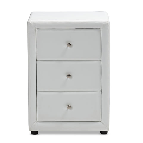 Urban Designs Haley Faux Leather Upholstered 3-Drawer Nightstand in White Finish