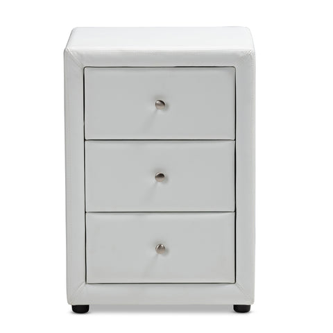 Urban Designs Haley Faux Leather Upholstered 3-Drawer Nightstand in White Finish