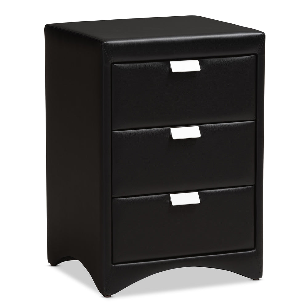 Urban Designs Sonia Faux Leather Upholstered 3-Drawer Nightstand in Black Finish