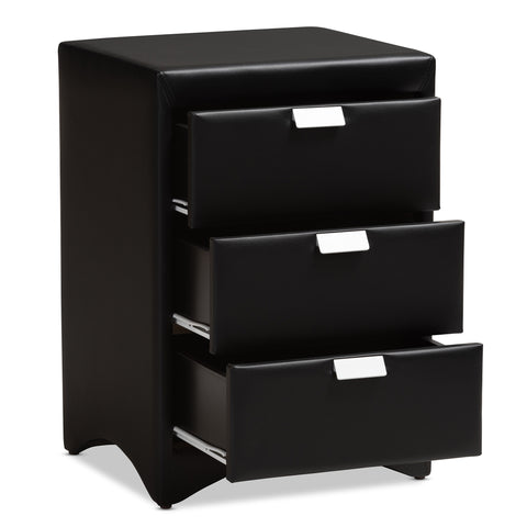 Urban Designs Sonia Faux Leather Upholstered 3-Drawer Nightstand in Black Finish