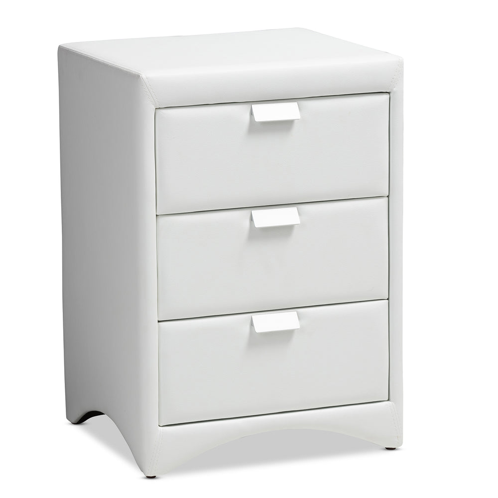 Urban Designs Sonia Faux Leather Upholstered 3-Drawer Nightstand in White Finish