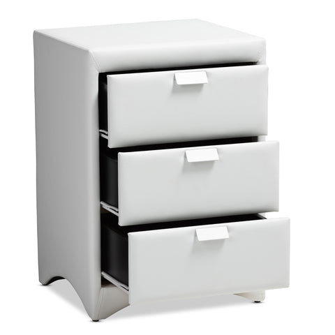 Urban Designs Sonia Faux Leather Upholstered 3-Drawer Nightstand in White Finish