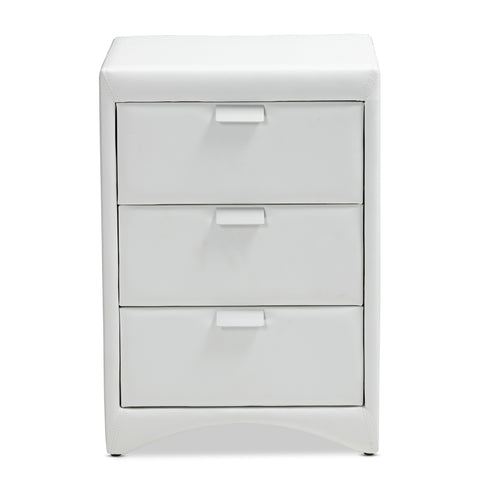 Urban Designs Sonia Faux Leather Upholstered 3-Drawer Nightstand in White Finish