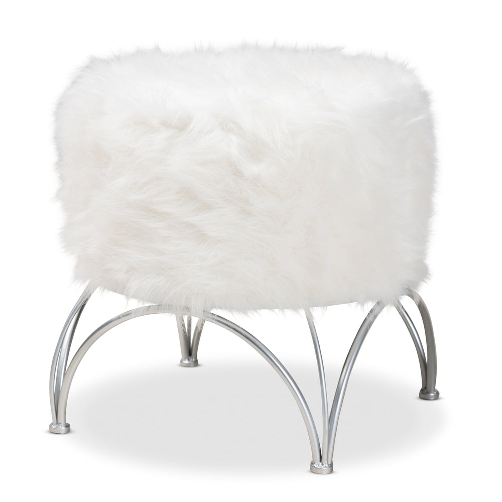 Urban Designs Chelsey Faux Fur Upholstered Silver Metal Ottoman - White