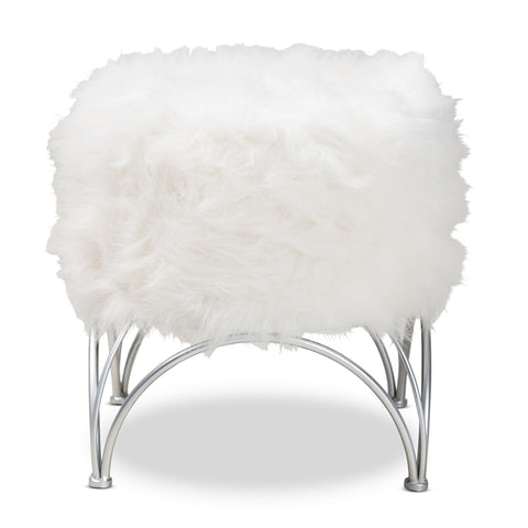 Urban Designs Chelsey Faux Fur Upholstered Silver Metal Ottoman - White