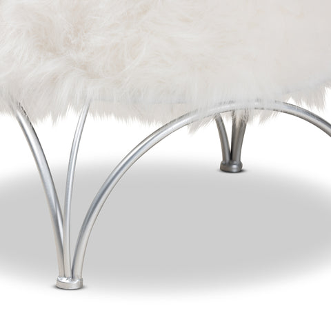 Urban Designs Chelsey Faux Fur Upholstered Silver Metal Ottoman - White
