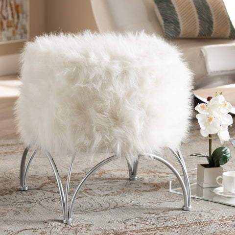 Urban Designs Chelsey Faux Fur Upholstered Silver Metal Ottoman - White