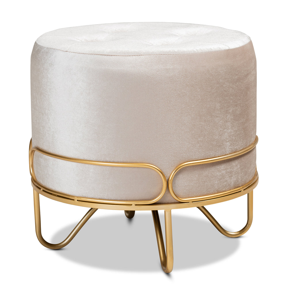 Urban Designs Leigh Velvet Fabric Upholstered Metal Ottoman - Beige