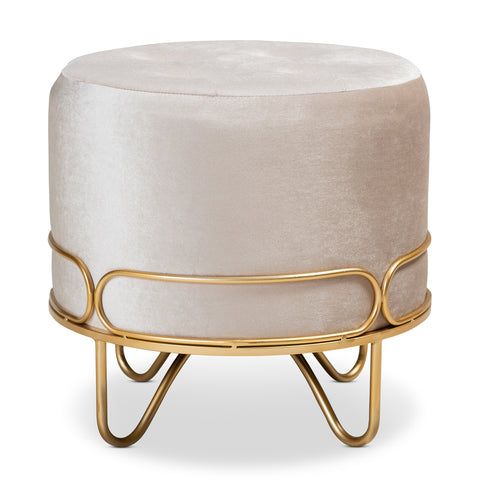 Urban Designs Leigh Velvet Fabric Upholstered Metal Ottoman - Beige