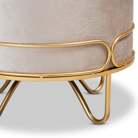 Urban Designs Leigh Velvet Fabric Upholstered Metal Ottoman - Beige