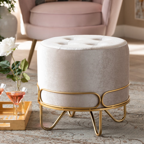 Urban Designs Leigh Velvet Fabric Upholstered Metal Ottoman - Beige