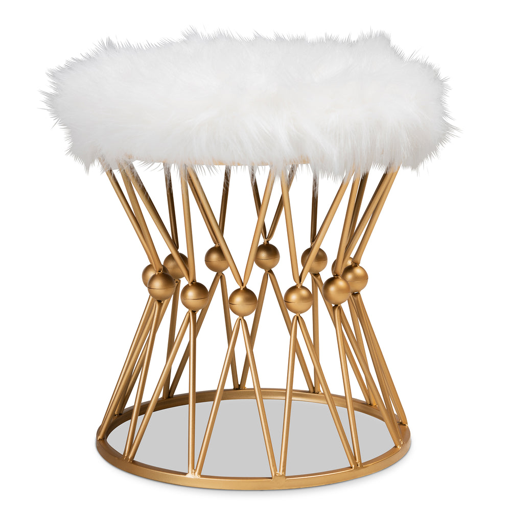 Urban Designs Lorenza Faux Fur Upholstered Metal Ottoman - White & Gold