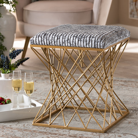Urban Designs Fonda Velvet Fabric Upholstered Metal Ottoman - Grey