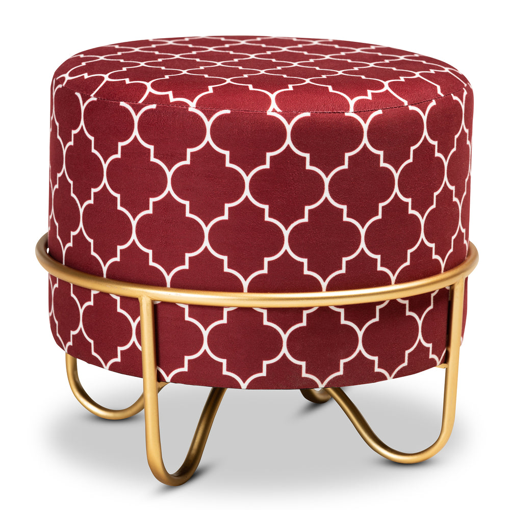Urban Designs Chandra Quatrefoil Velvet Fabric Upholstered Ottoman - Red