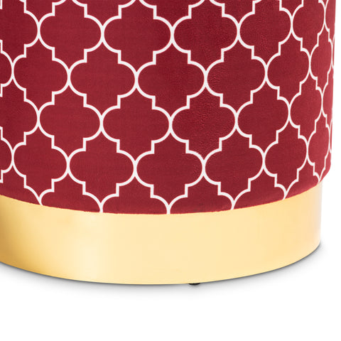 Urban Designs Sybil Quatrefoil Velvet Fabric Upholstered Storage Ottoman - Red