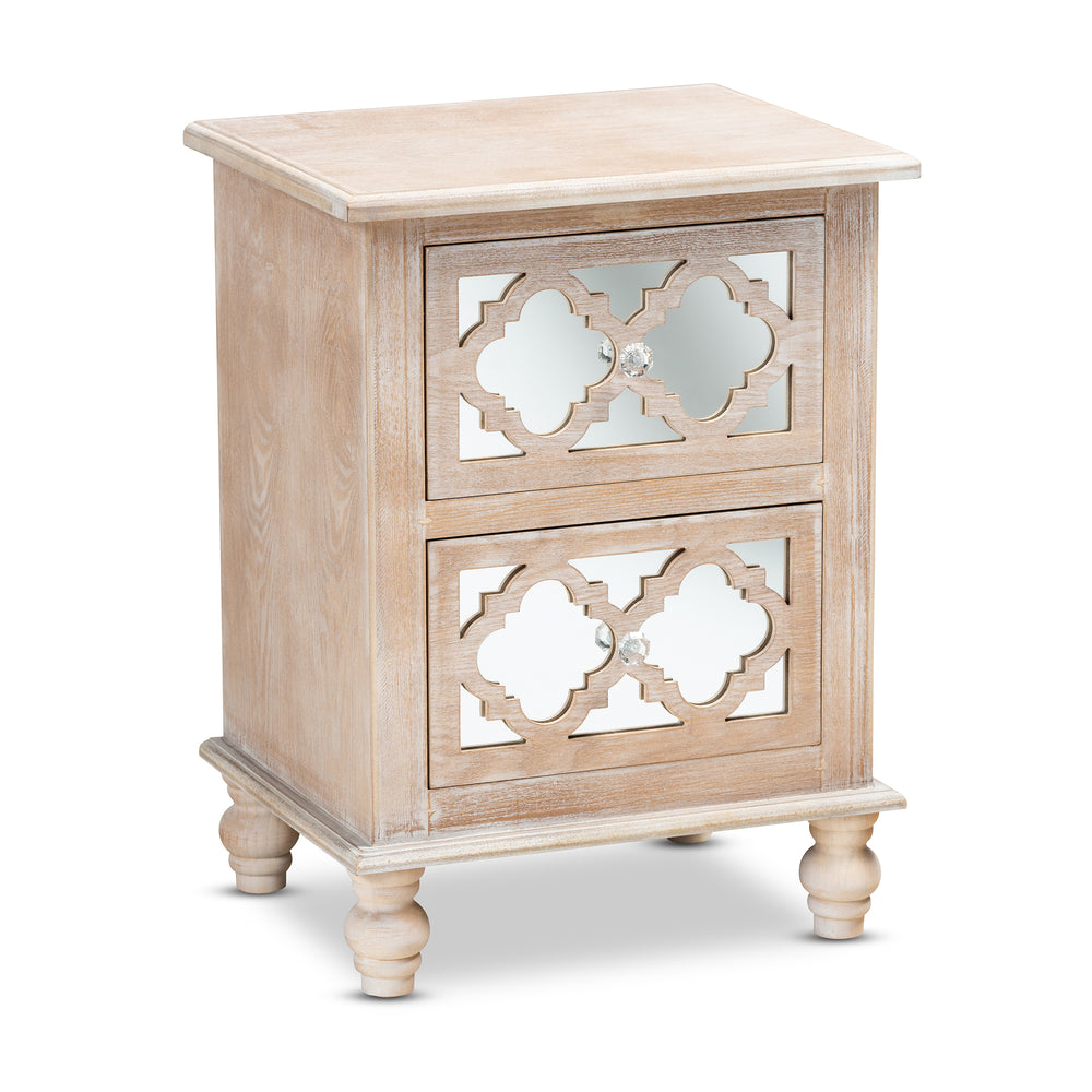 Urban Designs Celine 2-Drawer Mirror and Wood Quatrefoil Nightstand - White Wash