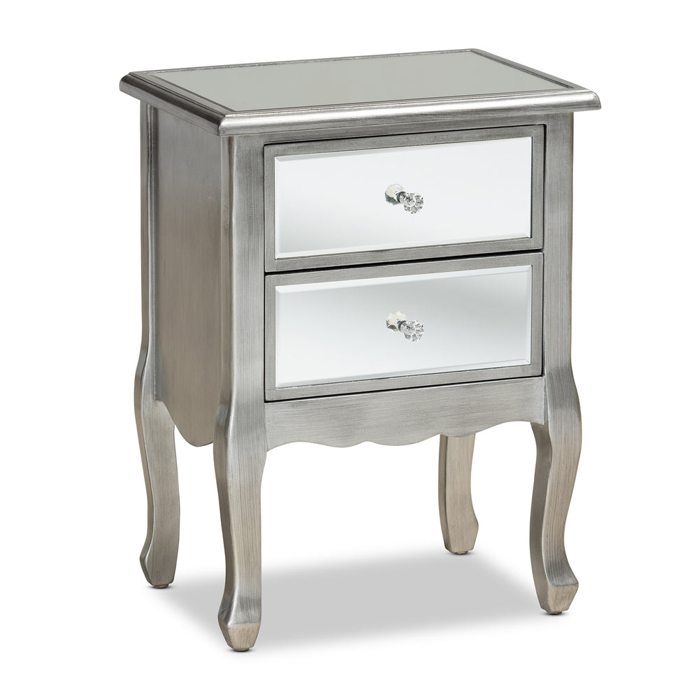 Urban Designs Lillie French Inspired 2-Drawer Mirror and Wood Nightstand - Silver