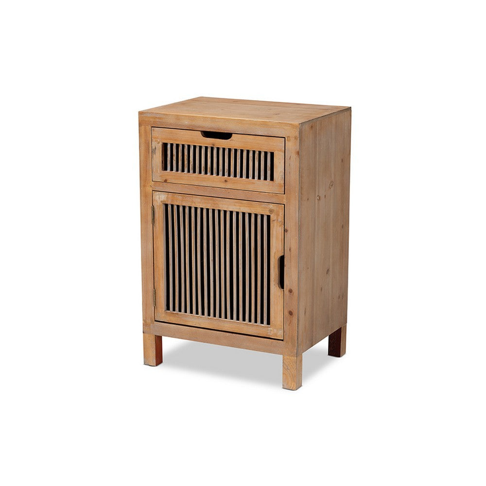 Urban Designs Claret Slatted 1-Drawer and 1-Door Wooden Nightstand - Oak Brown