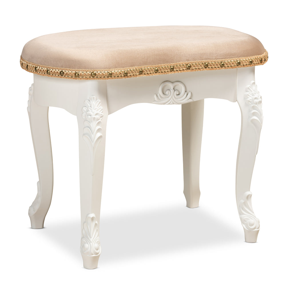 Urban Designs Giselle French Inspired Velvet Fabric Wooden Ottoman - White