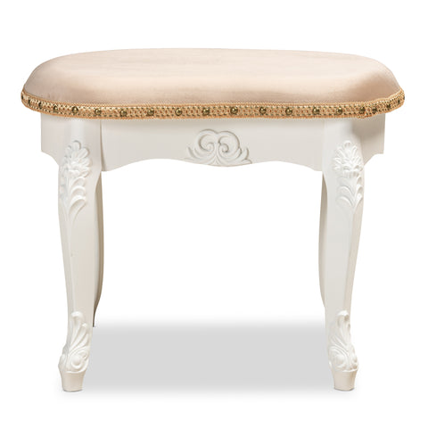 Urban Designs Giselle French Inspired Velvet Fabric Wooden Ottoman - White