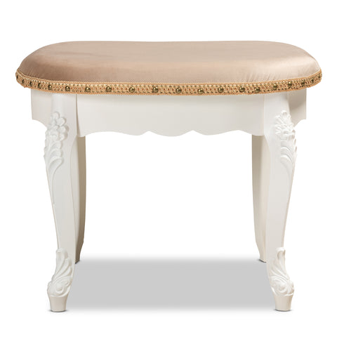 Urban Designs Giselle French Inspired Velvet Fabric Wooden Ottoman - White