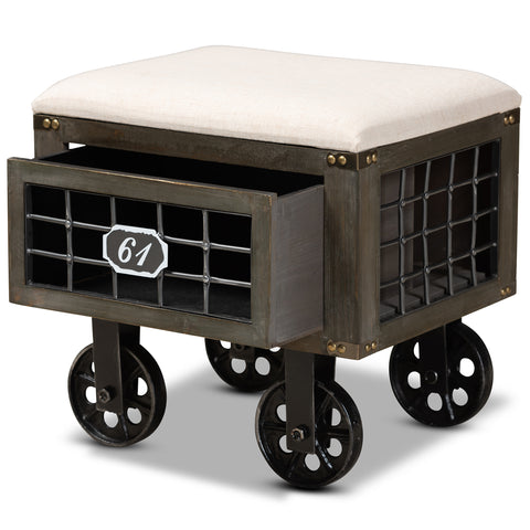 Urban Designs Hailee Distressed Wood 1-Drawer Wheeled Storage Ottoman - Beige