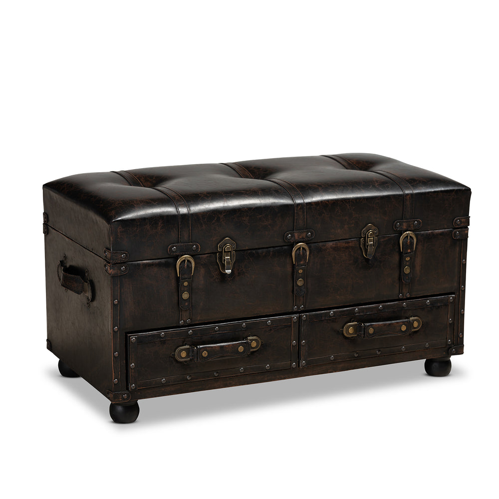 Urban Designs Colten Distressed Faux Leather 2-Drawer Storage Trunk Ottoman - Dark Brown