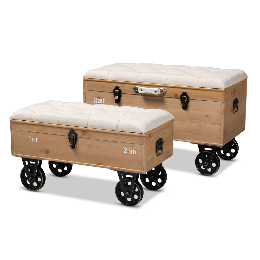 Urban Designs Foley Rustic Upholstered 2-Piece Wheel Storage Ottoman Set - Beige