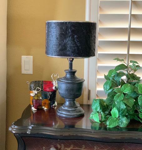 Urban Designs 19-Inch Round Wood Dark Gray Wash and Brown Cowskin Table Lamp