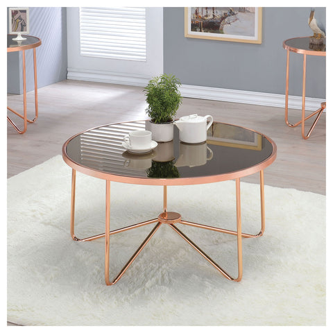 Urban Designs Rose Gold Metal Frame Round Coffee Table - Smoky Glass
