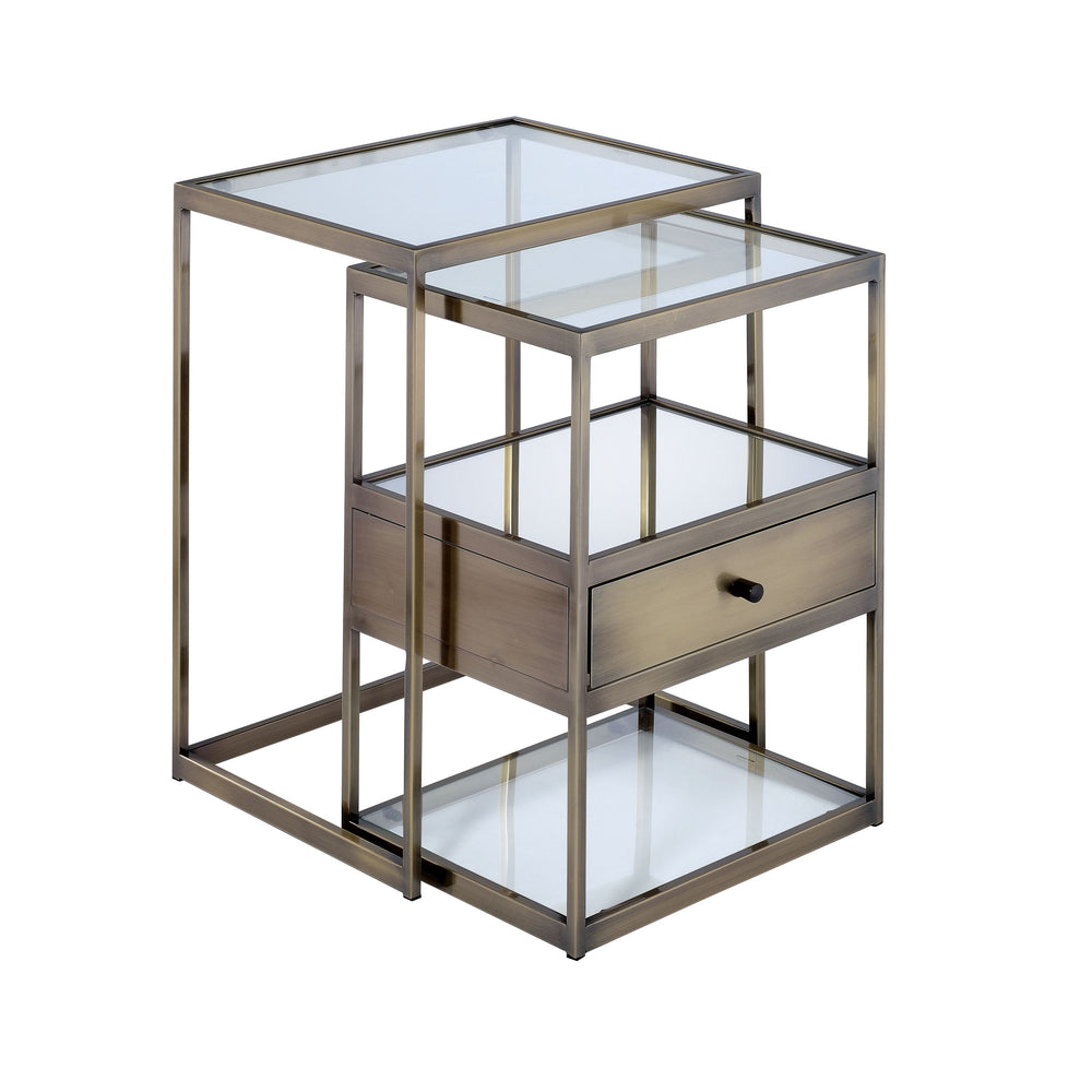 Urban Designs Cedric 2-Piece Clear Glass Top Nesting Table -  Antique Brass