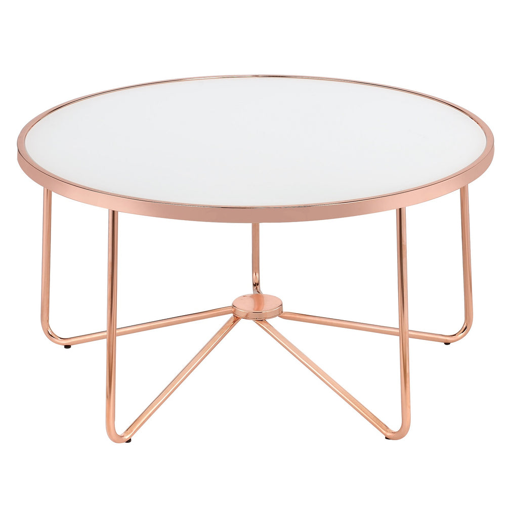 Urban Designs Rose Gold Metal Frame Round Coffee Table - White Frosted Glass
